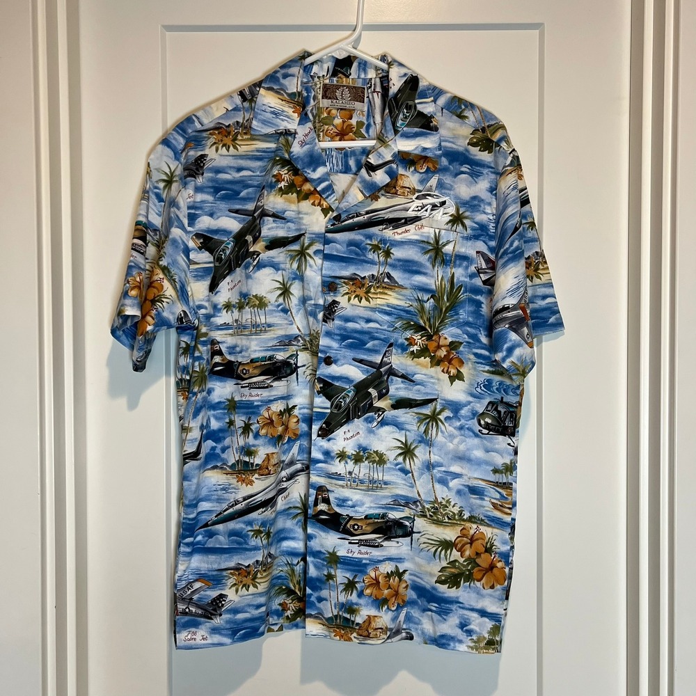 Kalaheo Hawaiian Shirt EEA Embroidered Aviation Aloha‎ Military M Rayon Cotton